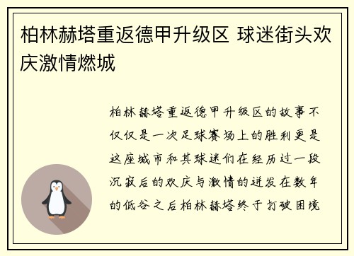 柏林赫塔重返德甲升级区 球迷街头欢庆激情燃城